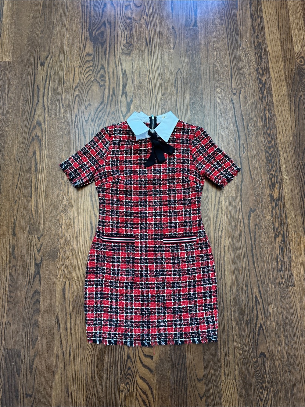 🤪🤪 KINGSTON Red and White Tweed Dress with Black Trim
